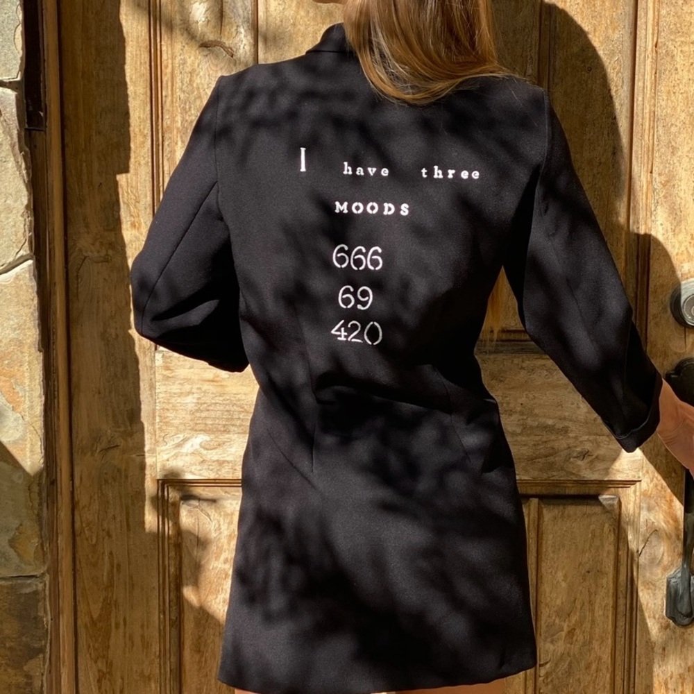 INC Black Blazer with Silver Chain Details and funny quote hand painted